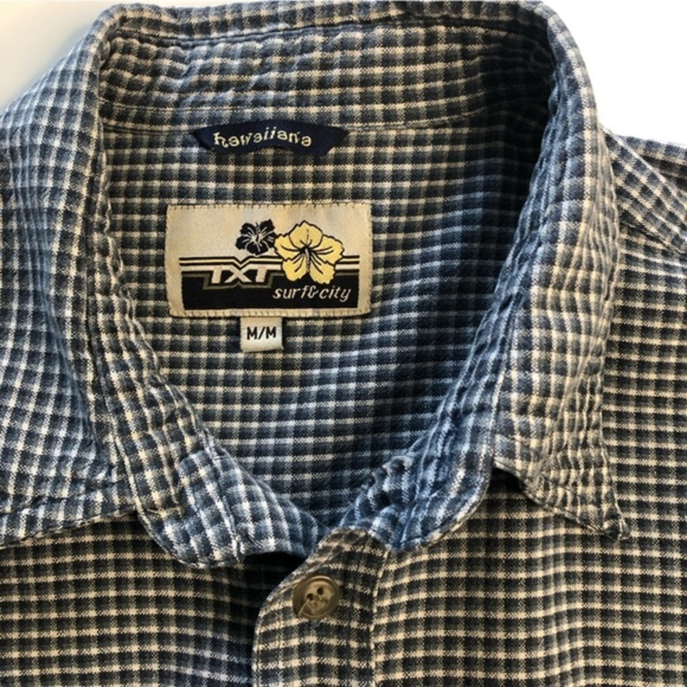 3/$15 TXT Surf & City Shirt Men's Medium Short Sleeve Button up Grey‎ Blue check